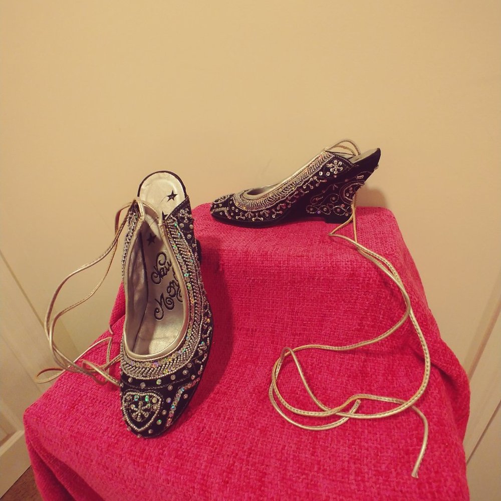 Embroidered Ballerina Style Sandals Embellished w/ Iridescent Sequins & Beading - Picture 8 of 14